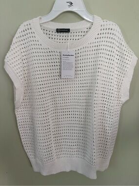 PrettyGarden White Open-Knit Crewneck Sweater Vest